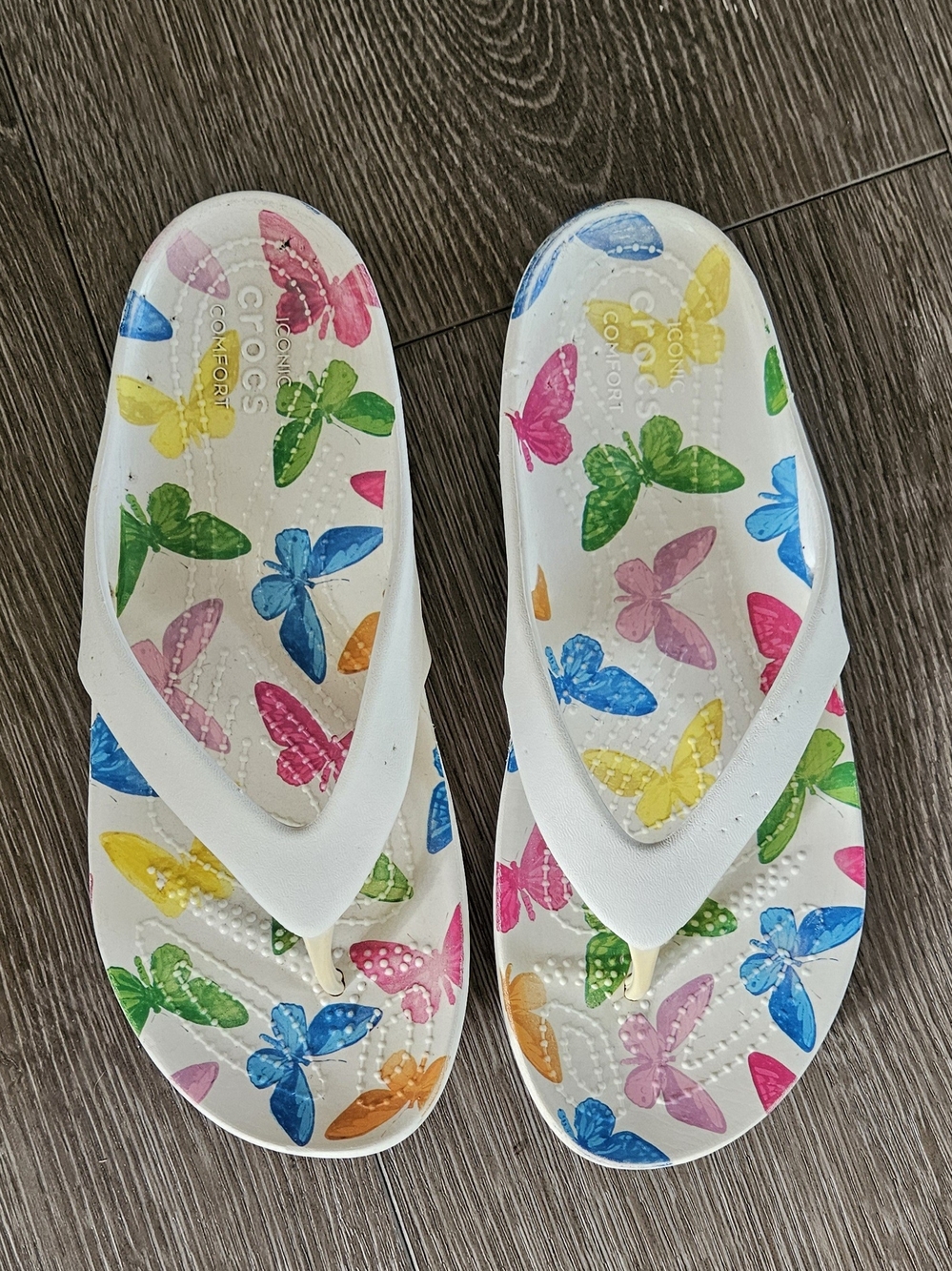 CROCS White Flip Flop Sandals with Multicolor Butterfly Print